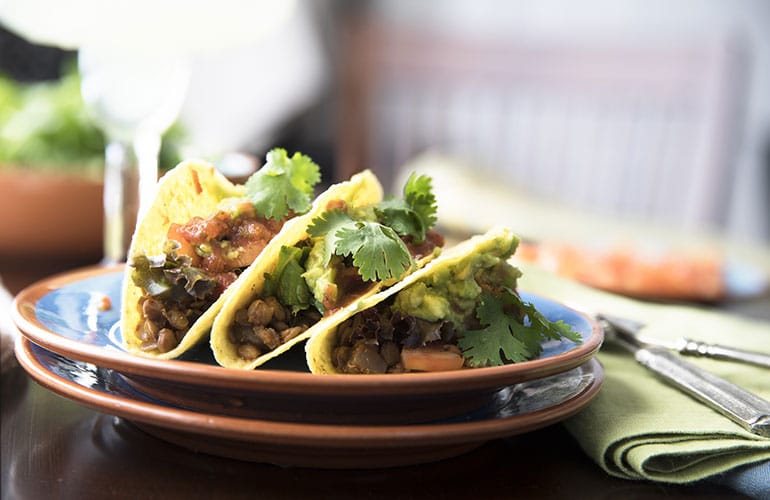 Three homemade spicy lentil tacos with guacamole, salsa and topped with cilantro