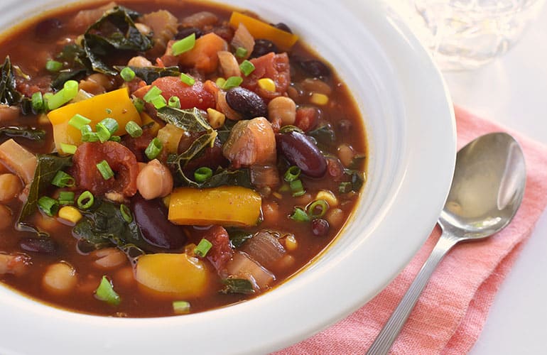 Bowl of healthy vegetable chili in horizontal format
