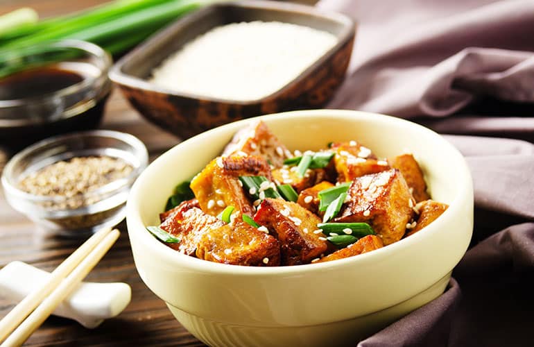glazed tofu in a bowl